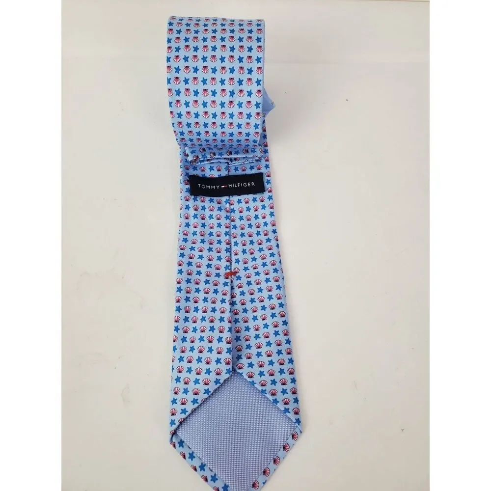 Tommy Hilfiger Mens‎ Silk Necktie Blue Novelty Print Stars & Seashells